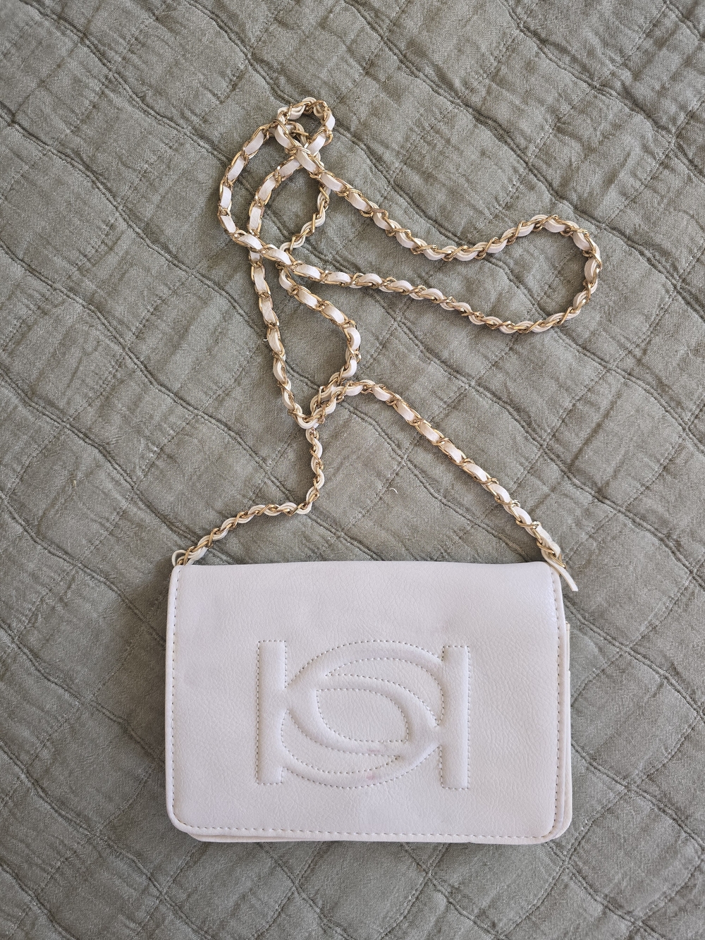 bebe Cream Quilted Logo Crossbody with Gold Chain Strap
